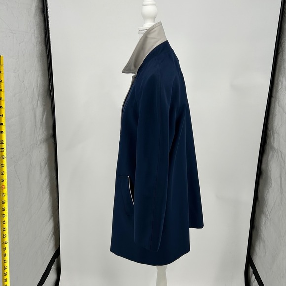 Classic Navy Blue Gray Trim Button Front Women's Trench Coat Jacket Made in USA - Picture 3 of 15